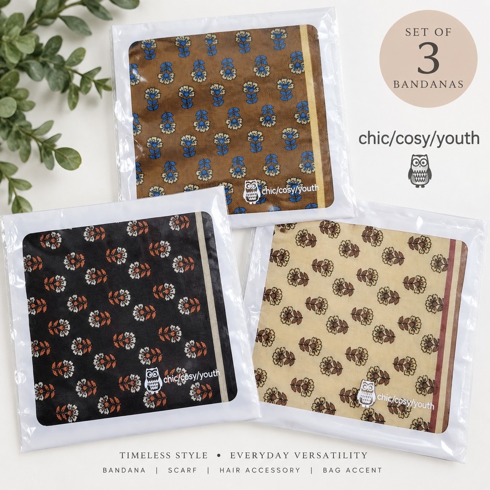Chic Cosy Youth Handkerchief Set Women Multicolor Floral Block Print 3pk 12x12